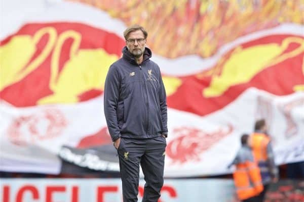 LIVERPOOL, ENGLAND - Sunday, March 31, 2019: Liverpool's manager J¸rgen Klopp during the pre-match warm-up before the FA Premier League match between Liverpool FC and Tottenham Hotspur FC at Anfield. (Pic by David Rawcliffe/Propaganda)