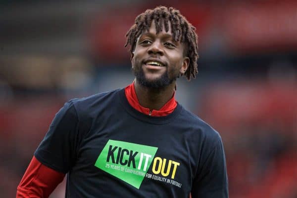 LIVERPOOL, ENGLAND - Sunday, March 31, 2019: Liverpool's Divock Origi during the pre-match warm-up before the FA Premier League match between Liverpool FC and Tottenham Hotspur FC at Anfield. (Pic by David Rawcliffe/Propaganda)