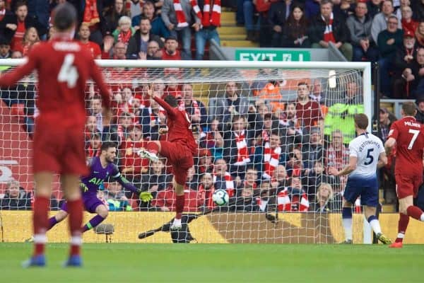 LIVERPOOL, ENGLAND - Sunday, March 31, 2019: Liverpool's Roberto Firmino scores the first goal during the FA Premier League match between Liverpool FC and Tottenham Hotspur FC at Anfield. (Pic by David Rawcliffe/Propaganda)