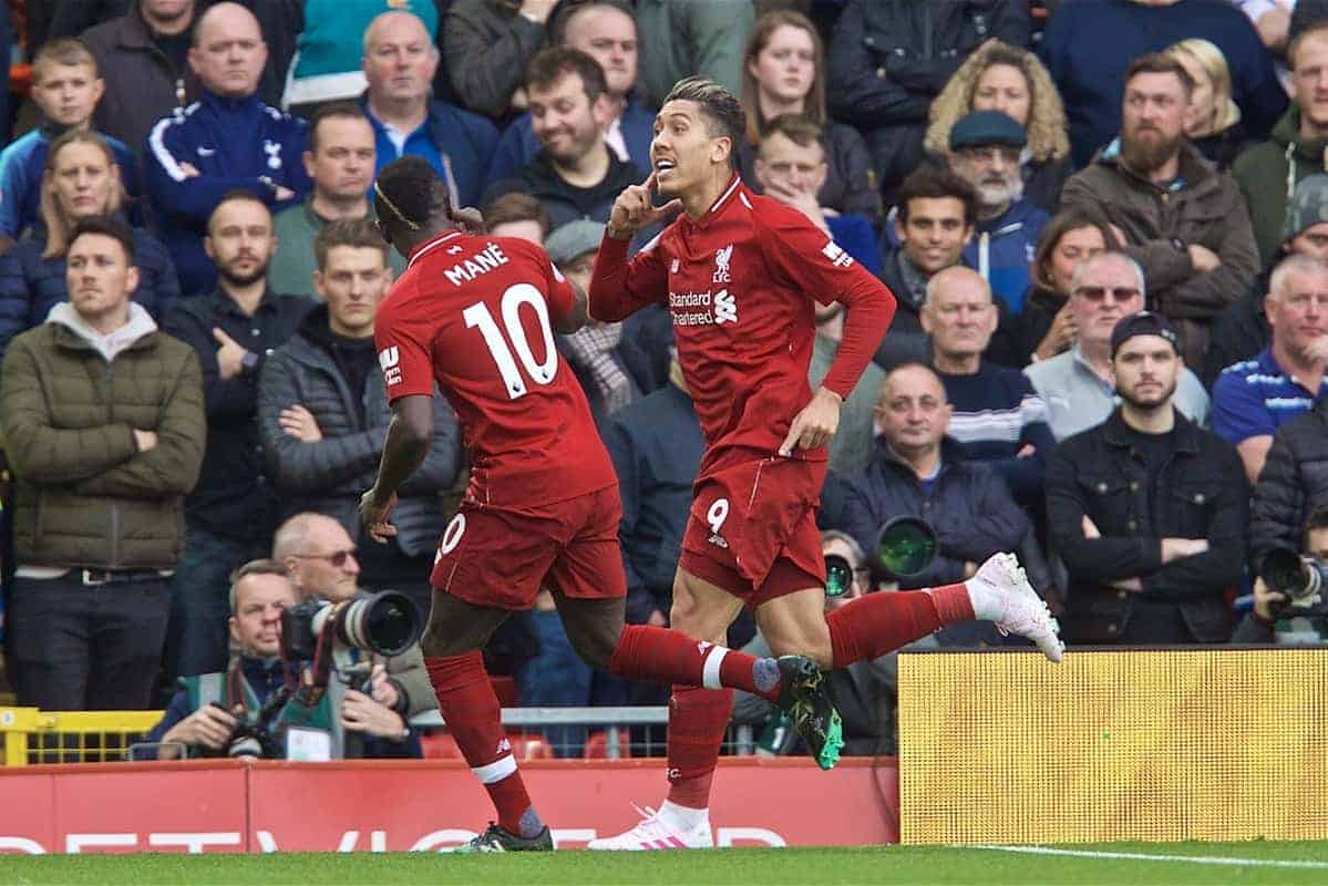 LIVERPOOL, ENGLAND - Sunday, March 31, 2019: Liverpool's Roberto Firmino celebrates scoring the first goal during the FA Premier League match between Liverpool FC and Tottenham Hotspur FC at Anfield. (Pic by David Rawcliffe/Propaganda)