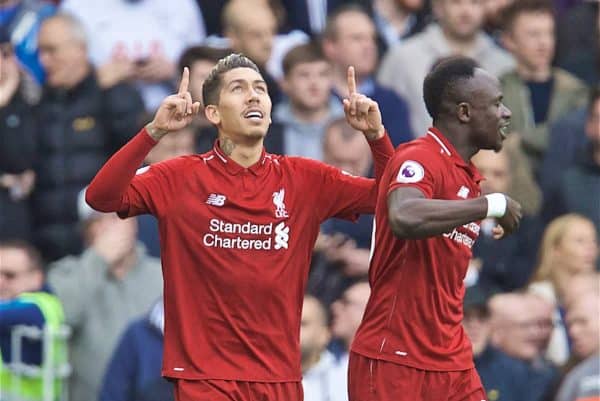 LIVERPOOL, ENGLAND - Sunday, March 31, 2019: Liverpool's Roberto Firmino celebrates scoring the first goal during the FA Premier League match between Liverpool FC and Tottenham Hotspur FC at Anfield. (Pic by David Rawcliffe/Propaganda)