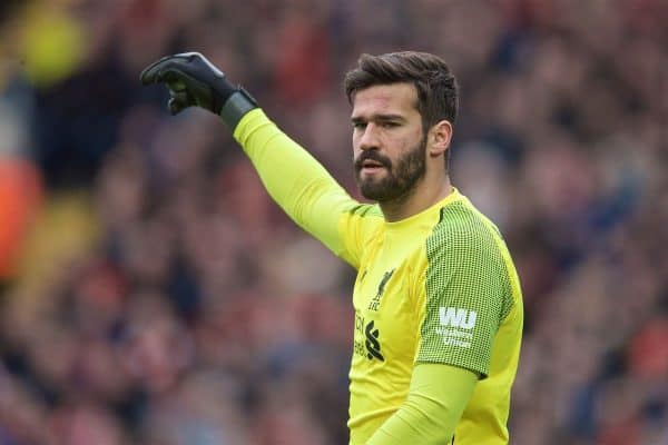 LIVERPOOL, ENGLAND - Sunday, March 31, 2019: Liverpool's goalkeeper Alisson Becker during the FA Premier League match between Liverpool FC and Tottenham Hotspur FC at Anfield. (Pic by David Rawcliffe/Propaganda)