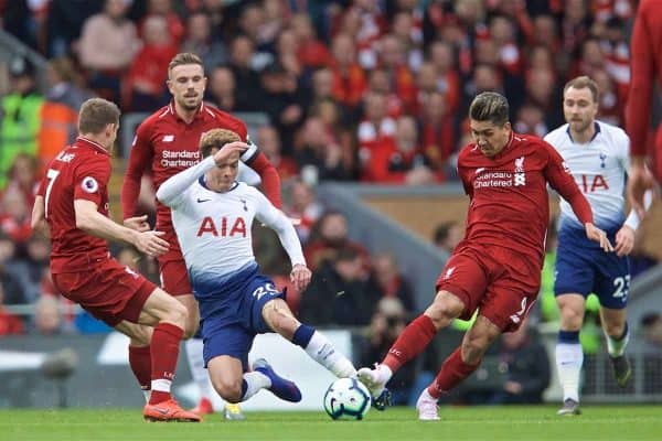 LIVERPOOL, ENGLAND - Sunday, March 31, 2019: Tottenham Hotspur's Dele Alli (L) and Liverpool's Roberto Firmino during the FA Premier League match between Liverpool FC and Tottenham Hotspur FC at Anfield. (Pic by David Rawcliffe/Propaganda)