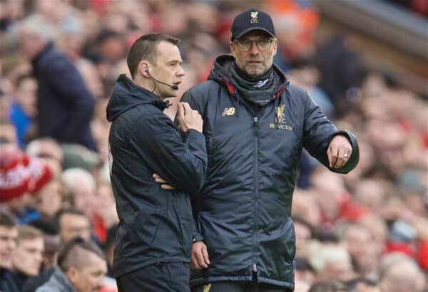 LIVERPOOL, ENGLAND - Sunday, March 31, 2019: Liverpool's manager Jürgen Klopp speaks with the fourth official S. Attwell during the FA Premier League match between Liverpool FC and Tottenham Hotspur FC at Anfield. (Pic by David Rawcliffe/Propaganda)