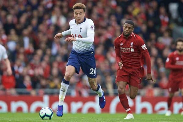 LIVERPOOL, ENGLAND - Sunday, March 31, 2019: Tottenham Hotspur's Dele Alli during the FA Premier League match between Liverpool FC and Tottenham Hotspur FC at Anfield. (Pic by David Rawcliffe/Propaganda)