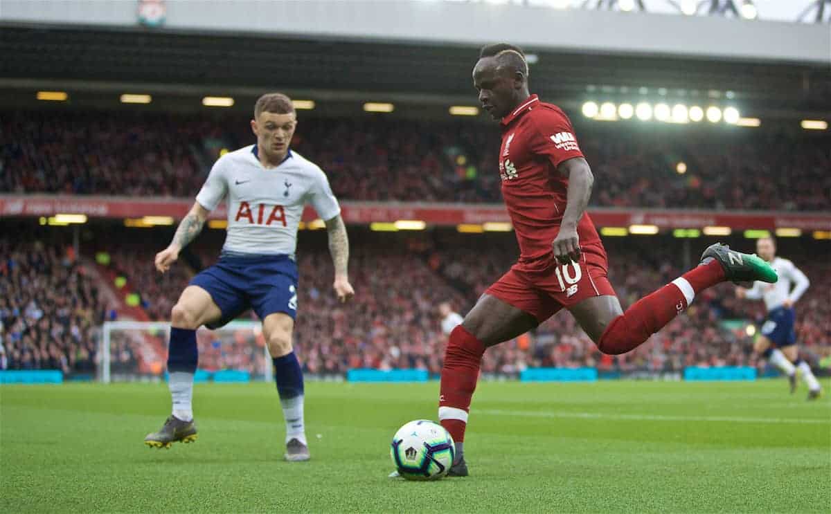 LIVERPOOL, ENGLAND - Sunday, March 31, 2019: Liverpool Sadio Mane during the FA Premier League match between Liverpool FC and Tottenham Hotspur FC at Anfield. (Pic by David Rawcliffe/Propaganda)