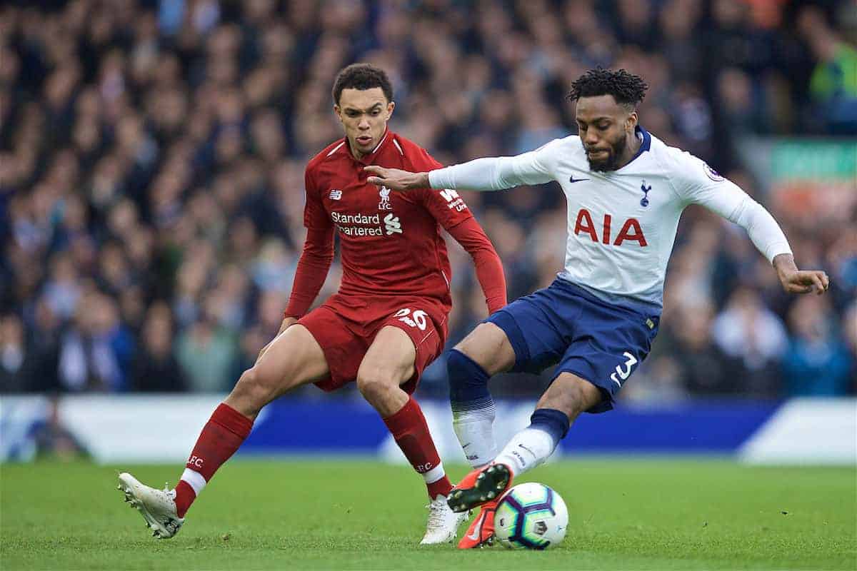 LIVERPOOL, ENGLAND - Sunday, March 31, 2019: Liverpool's Trent Alexander-Arnold (L) and Tottenham Hotspur's Danny Rose during the FA Premier League match between Liverpool FC and Tottenham Hotspur FC at Anfield. (Pic by David Rawcliffe/Propaganda)