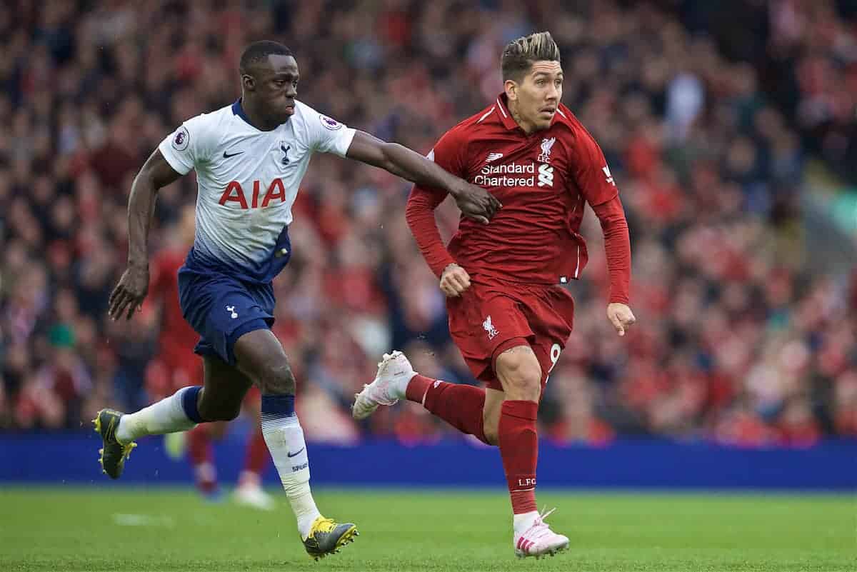 LIVERPOOL, ENGLAND - Sunday, March 31, 2019: Tottenham Hotspur's Davinson Sanchez (L) and Liverpool's Roberto Firmino during the FA Premier League match between Liverpool FC and Tottenham Hotspur FC at Anfield. (Pic by David Rawcliffe/Propaganda)