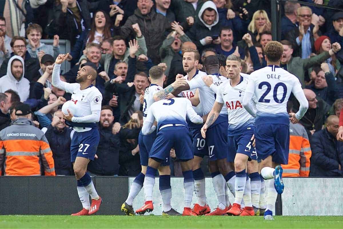 LIVERPOOL, ENGLAND - Sunday, March 31, 2019: Tottenham Hotspur's Lucas Moura celebrates scoring the first equalising goal with team-mates during the FA Premier League match between Liverpool FC and Tottenham Hotspur FC at Anfield. (Pic by David Rawcliffe/Propaganda)