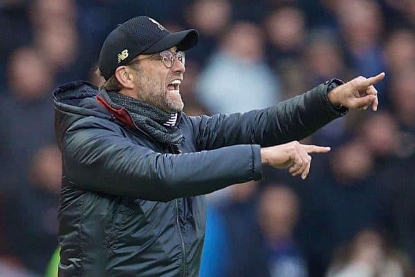 LIVERPOOL, ENGLAND - Sunday, March 31, 2019: Liverpool's manager J¸rgen Klopp reacts during the FA Premier League match between Liverpool FC and Tottenham Hotspur FC at Anfield. (Pic by David Rawcliffe/Propaganda)