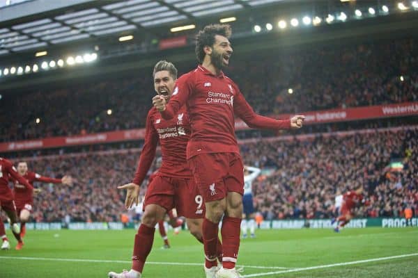 LIVERPOOL, ENGLAND - Sunday, March 31, 2019: Liverpool's Mohamed Salah celebrates after his header forced a winning goal, an own goal from Tottenham Hotspur's Toby Alderweireld during the FA Premier League match between Liverpool FC and Tottenham Hotspur FC at Anfield. (Pic by David Rawcliffe/Propaganda)