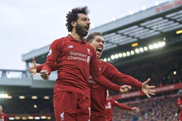 LIVERPOOL, ENGLAND - Sunday, March 31, 2019: Liverpool's Mohamed Salah celebrates after his header forced a winning goal, an own goal from Tottenham Hotspur's Toby Alderweireld during the FA Premier League match between Liverpool FC and Tottenham Hotspur FC at Anfield. (Pic by David Rawcliffe/Propaganda)
