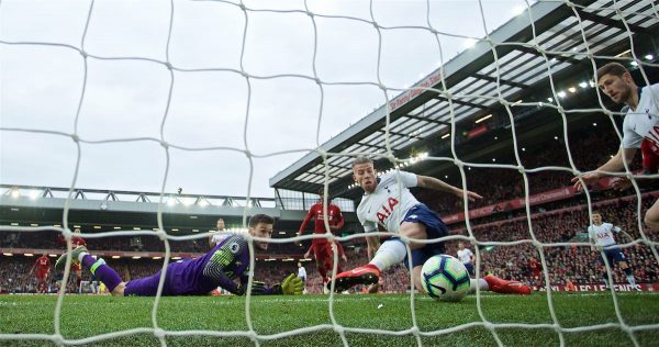 LIVERPOOL, ENGLAND - Sunday, March 31, 2019: Tottenham Hotspur's Toby Alderweireld desperately tries to avoid scoring an own-goal and handing Liverpool a late 2-1 victory during the FA Premier League match between Liverpool FC and Tottenham Hotspur FC at Anfield. (Pic by David Rawcliffe/Propaganda)