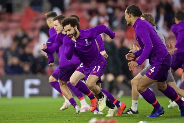 SOUTHAMPTON, ENGLAND - Friday, April 5, 2019: Liverpool's Mohamed Salah during the pre-match warm-up before the FA Premier League match between Southampton FC and Liverpool FC at the St. Mary's Stadium. (Pic by David Rawcliffe/Propaganda)