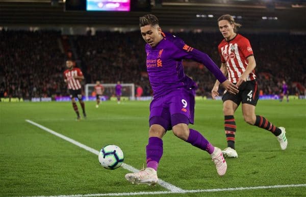 SOUTHAMPTON, ENGLAND - Friday, April 5, 2019: Liverpool's Roberto Firmino during the FA Premier League match between Southampton FC and Liverpool FC at the St. Mary's Stadium. (Pic by David Rawcliffe/Propaganda)