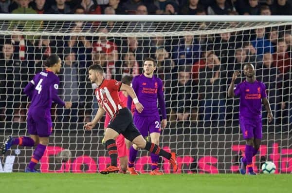 SOUTHAMPTON, ENGLAND - Friday, April 5, 2019: Southampton's Shane Long celebrates scoring the first goal during the FA Premier League match between Southampton FC and Liverpool FC at the St. Mary's Stadium. (Pic by David Rawcliffe/Propaganda)