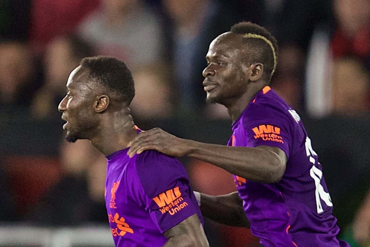 SOUTHAMPTON, ENGLAND - Friday, April 5, 2019: Liverpool's Naby Keita celebrates scoring the first equalising goal with team-mate Sadio Mane during the FA Premier League match between Southampton FC and Liverpool FC at the St. Mary's Stadium. (Pic by David Rawcliffe/Propaganda)