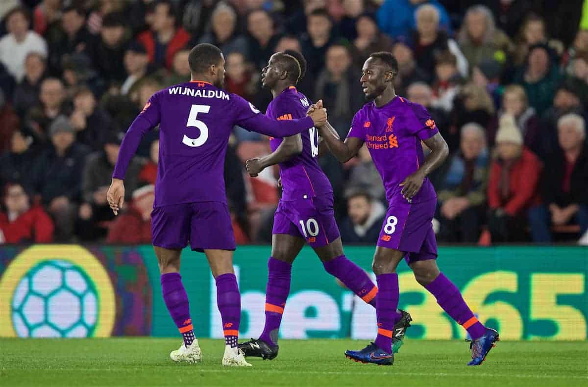 SOUTHAMPTON, ENGLAND - Friday, April 5, 2019: Liverpool's Naby Keita celebrates scoring the first equalising goal during the FA Premier League match between Southampton FC and Liverpool FC at the St. Mary's Stadium. (Pic by David Rawcliffe/Propaganda)