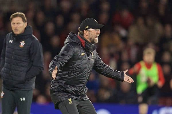 SOUTHAMPTON, ENGLAND - Friday, April 5, 2019: Liverpool's manager J¸rgen Klopp reacts during the FA Premier League match between Southampton FC and Liverpool FC at the St. Mary's Stadium. (Pic by David Rawcliffe/Propaganda)