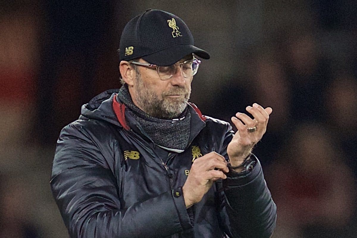 SOUTHAMPTON, ENGLAND - Friday, April 5, 2019: Liverpool's manager J¸rgen Klopp checks his watch during the FA Premier League match between Southampton FC and Liverpool FC at the St. Mary's Stadium. (Pic by David Rawcliffe/Propaganda)