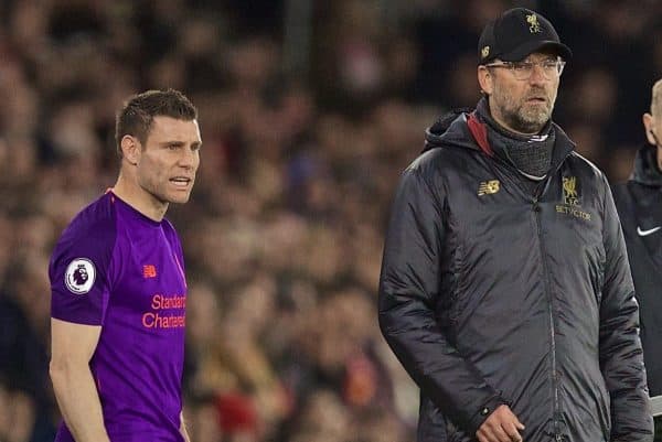 SOUTHAMPTON, ENGLAND - Friday, April 5, 2019: Liverpool's manager Jürgen Klopp prepares to bring on substitute James Milner during the FA Premier League match between Southampton FC and Liverpool FC at the St. Mary's Stadium. (Pic by David Rawcliffe/Propaganda)