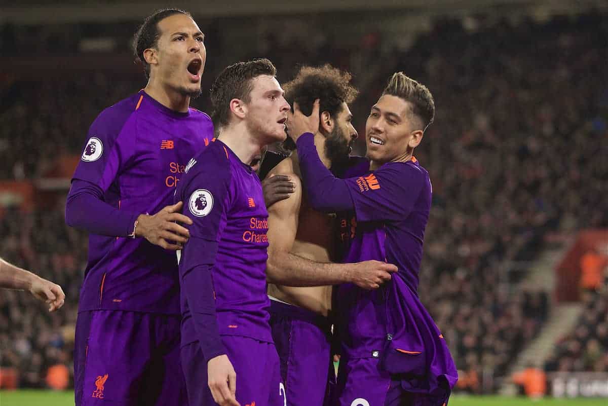 SOUTHAMPTON, ENGLAND - Friday, April 5, 2019: Liverpool's Mohamed Salah celebrates scoring the second goal with team-mates during the FA Premier League match between Southampton FC and Liverpool FC at the St. Mary's Stadium. (Pic by David Rawcliffe/Propaganda)