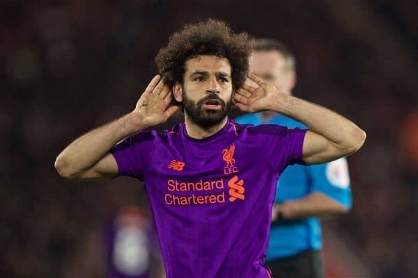 SOUTHAMPTON, ENGLAND - Friday, April 5, 2019: Liverpool's Mohamed Salah celebrates scoring the second goal during the FA Premier League match between Southampton FC and Liverpool FC at the St. Mary's Stadium. (Pic by David Rawcliffe/Propaganda)