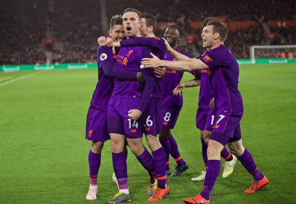 SOUTHAMPTON, ENGLAND - Friday, April 5, 2019: Liverpool's captain Jordan Henderson celebrates scoring the third goal with team-mates during the FA Premier League match between Southampton FC and Liverpool FC at the St. Mary's Stadium. (Pic by David Rawcliffe/Propaganda)