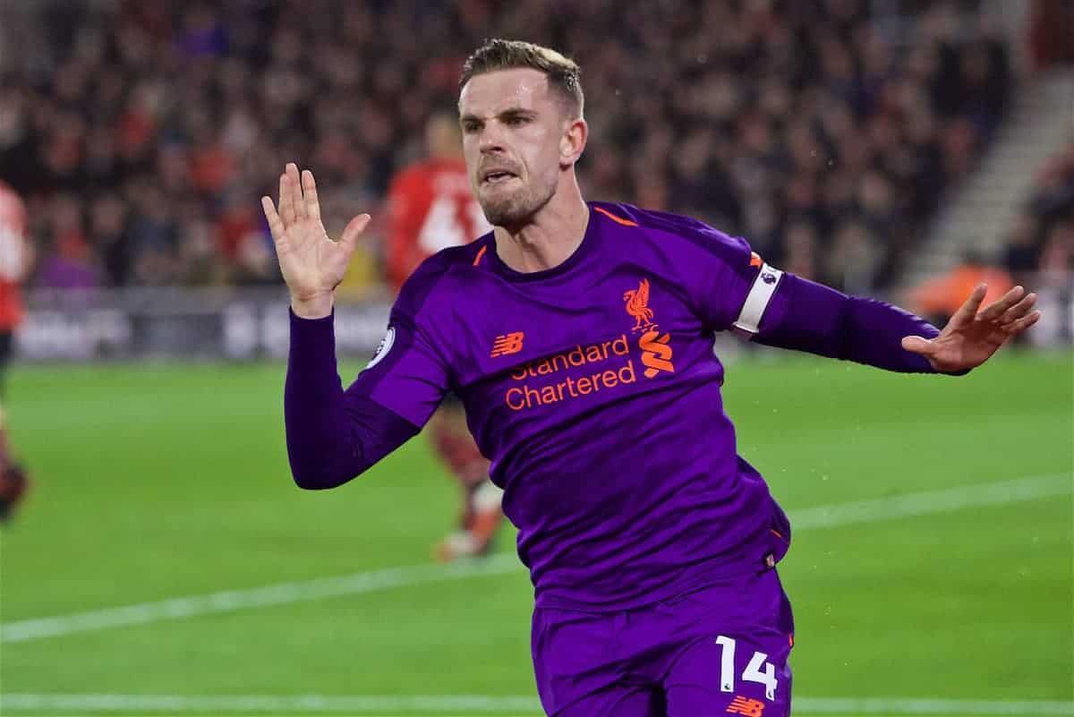 SOUTHAMPTON, ENGLAND - Friday, April 5, 2019: Liverpool's captain Jordan Henderson celebrates scoring the third goal during the FA Premier League match between Southampton FC and Liverpool FC at the St. Mary's Stadium. (Pic by David Rawcliffe/Propaganda)