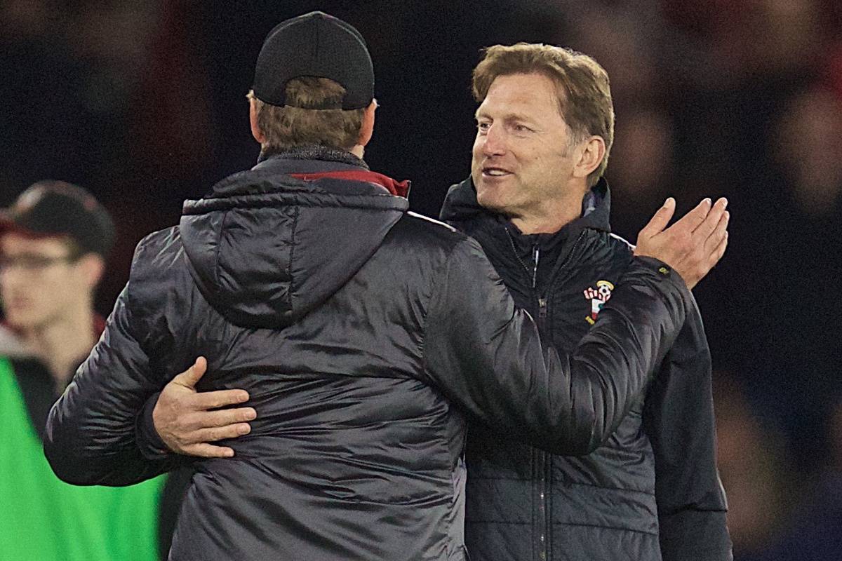 SOUTHAMPTON, ENGLAND - Friday, April 5, 2019: Liverpool's manager Jürgen Klopp embraces Southampton's manager Ralph Hasenhüttl after the FA Premier League match between Southampton FC and Liverpool FC at the St. Mary's Stadium. (Pic by David Rawcliffe/Propaganda)