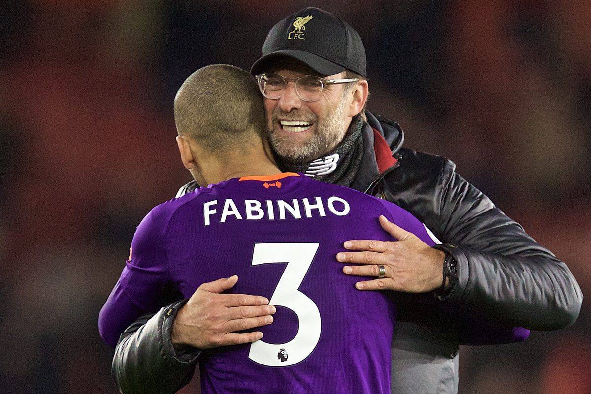 SOUTHAMPTON, ENGLAND - Friday, April 5, 2019: Liverpool's manager J¸rgen Klopp embraces Fabio Henrique Tavares 'Fabinho' as he celebrates 3-1 victory over Southampton after the FA Premier League match between Southampton FC and Liverpool FC at the St. Mary's Stadium. (Pic by David Rawcliffe/Propaganda)