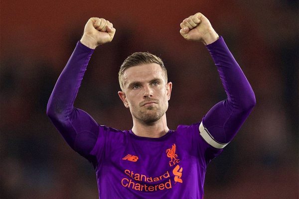 SOUTHAMPTON, ENGLAND - Friday, April 5, 2019: Liverpool's captain Jordan Henderson celebrates 3-1 victory over Southampton after the FA Premier League match between Southampton FC and Liverpool FC at the St. Mary's Stadium. (Pic by David Rawcliffe/Propaganda)