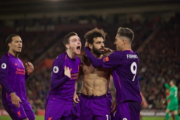 SOUTHAMPTON, ENGLAND - Friday, April 5, 2019: Liverpool's Mohamed Salah (C) celebrates scoring the second goal with team-mates Andy Robertson (L) and Roberto Firmino (R) during the FA Premier League match between Southampton FC and Liverpool FC at the St. Mary's Stadium. (Pic by David Rawcliffe/Propaganda)