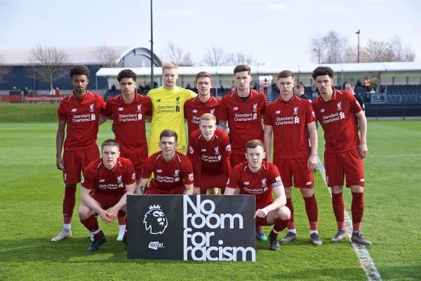 KIRKBY, ENGLAND - Saturday, April 6, 2019: Liverpool players pose for an anti-racism campaign photograph before the Under-23 FA Premier League 2 Division 1 match between Liverpool and Chelsea at the Academy. (Pic by David Rawcliffe/Propaganda)