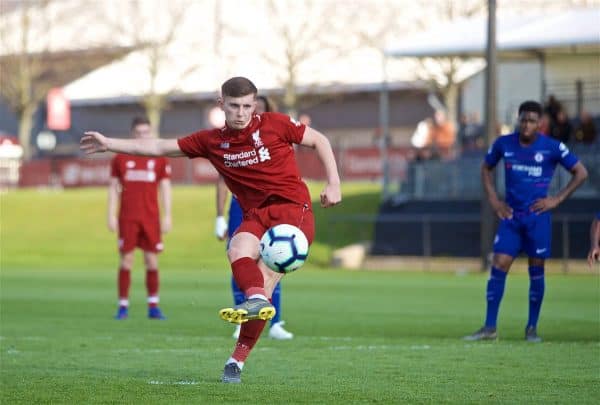 KIRKBY, ENGLAND - Saturday, April 6, 2019: Liverpool's Ben Woodburn scores his side's first goal from a penalty kick during the Under-23 FA Premier League 2 Division 1 match between Liverpool and Chelsea at the Academy. (Pic by David Rawcliffe/Propaganda)