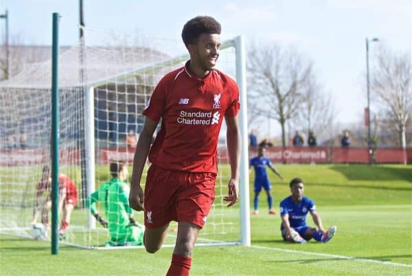 KIRKBY, ENGLAND - Saturday, April 6, 2019: Liverpool's Abdulrahman Sharif celebrates scoring the second goal, to equalise the score at 2-2, during the Under-23 FA Premier League 2 Division 1 match between Liverpool and Chelsea at the Academy. (Pic by David Rawcliffe/Propaganda)