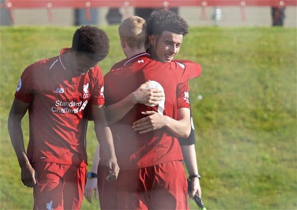 KIRKBY, ENGLAND - Saturday, April 6, 2019: Liverpool's Curtis Jones (R) celebrates scoring the third goal during the Under-23 FA Premier League 2 Division 1 match between Liverpool and Chelsea at the Academy. (Pic by David Rawcliffe/Propaganda)