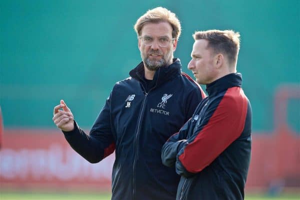 LIVERPOOL, ENGLAND - Monday, April 8, 2019: Liverpool's manager Jürgen Klopp (L) and first-team development coach Pepijn Lijnders during a training session at Melwood Training Ground ahead of the UEFA Champions League Quarter-Final 1st Leg match between Liverpool FC and FC Porto. (Pic by David Rawcliffe/Propaganda)