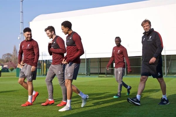 LIVERPOOL, ENGLAND - Monday, April 8, 2019: Liverpool's Alex Oxlade-Chamberlain, Andy Robertson, Trent Alexander-Arnold, Sadio Mane and manager J¸rgen Klopp during a training session at Melwood Training Ground ahead of the UEFA Champions League Quarter-Final 1st Leg match between Liverpool FC and FC Porto. (Pic by David Rawcliffe/Propaganda)