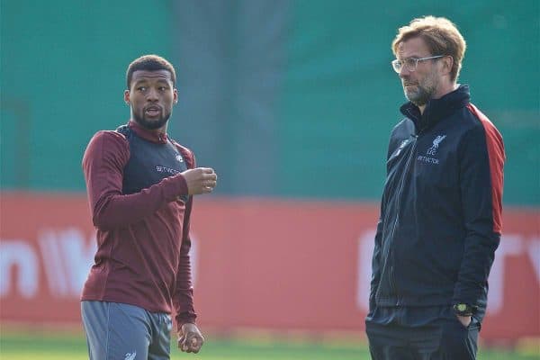 LIVERPOOL, ENGLAND - Monday, April 8, 2019: Liverpool's Georginio Wijnaldum (L) and manager J¸rgen Klopp during a training session at Melwood Training Ground ahead of the UEFA Champions League Quarter-Final 1st Leg match between Liverpool FC and FC Porto. (Pic by David Rawcliffe/Propaganda)