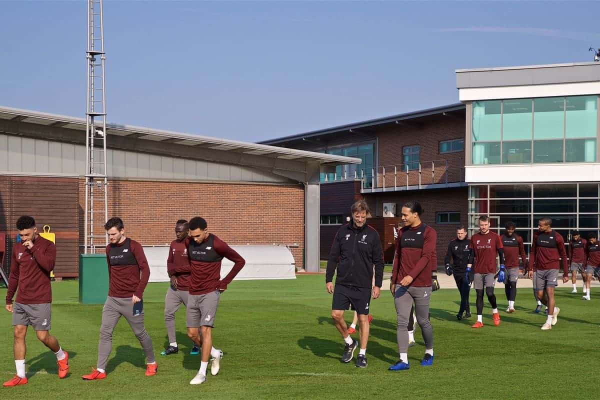 LIVERPOOL, ENGLAND - Monday, April 8, 2019: Liverpool players walk out before during a training session at Melwood Training Ground ahead of the UEFA Champions League Quarter-Final 1st Leg match between Liverpool FC and FC Porto. (Pic by David Rawcliffe/Propaganda)