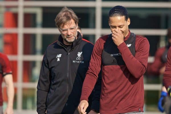 LIVERPOOL, ENGLAND - Monday, April 8, 2019: Liverpool's manager Jürgen Klopp (L) and Virgil van Dijk during a training session at Melwood Training Ground ahead of the UEFA Champions League Quarter-Final 1st Leg match between Liverpool FC and FC Porto. (Pic by David Rawcliffe/Propaganda)