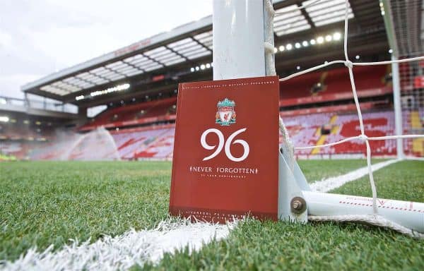 LIVERPOOL, ENGLAND - Sunday, April 14, 2019: A general view of Anfield with an official match day programme marking 30 years since the Hillsborough Stadium Disaster before the FA Premier League match between Liverpool FC and Chelsea FC at Anfield. (Pic by David Rawcliffe/Propaganda)