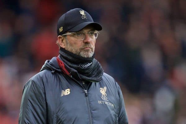 LIVERPOOL, ENGLAND - Sunday, April 14, 2019: Liverpool's manager J¸rgen Klopp before the FA Premier League match between Liverpool FC and Chelsea FC at Anfield. (Pic by David Rawcliffe/Propaganda)