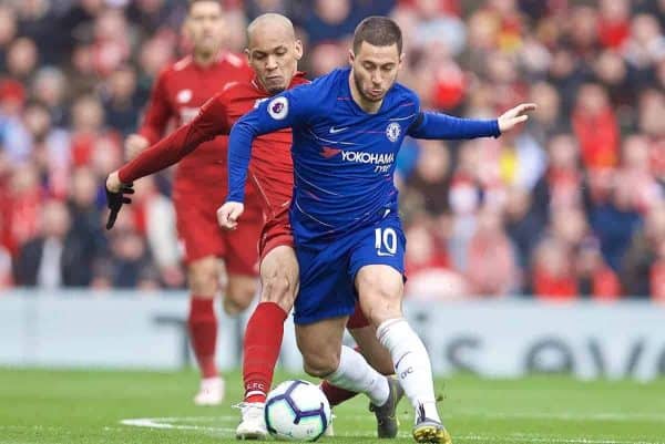 LIVERPOOL, ENGLAND - Sunday, April 14, 2019: Liverpool's Fabio Henrique Tavares 'Fabinho' (L) and Eden Hazard during the FA Premier League match between Liverpool FC and Chelsea FC at Anfield. (Pic by David Rawcliffe/Propaganda)
