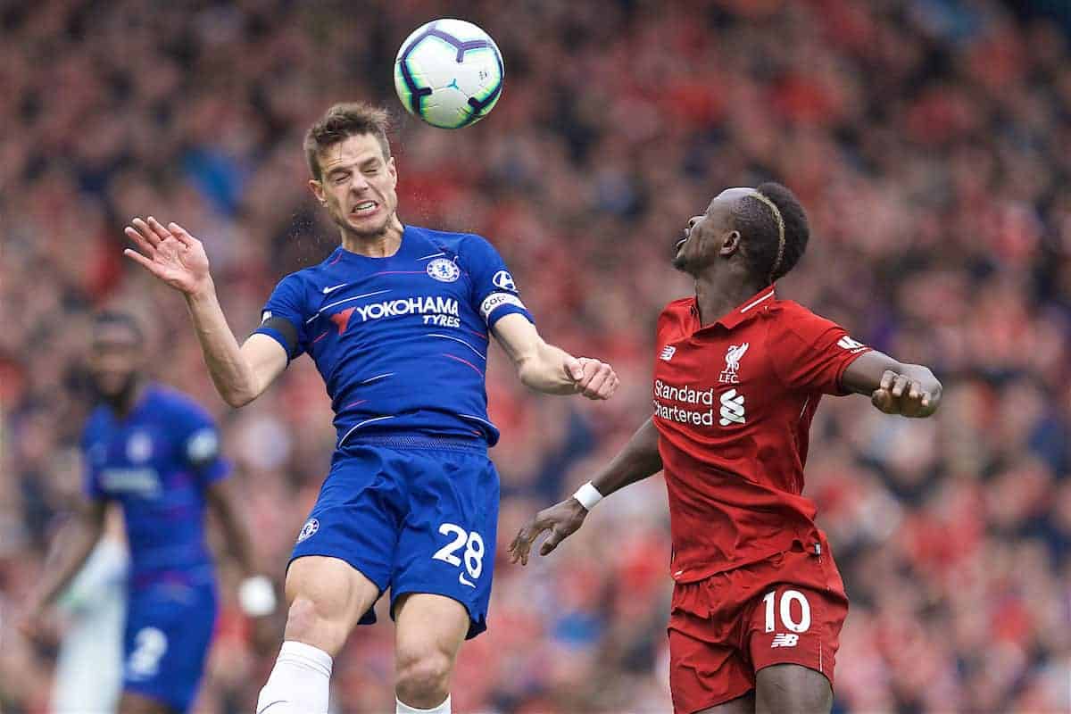 LIVERPOOL, ENGLAND - Sunday, April 14, 2019: Chelsea's Cesar Azpilicueta (L) Liverpool's Sadio Mane during the FA Premier League match between Liverpool FC and Chelsea FC at Anfield. (Pic by David Rawcliffe/Propaganda)