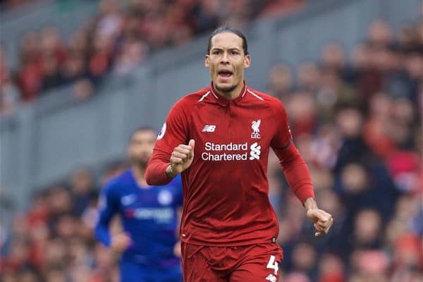 LIVERPOOL, ENGLAND - Sunday, April 14, 2019: Liverpool's Virgil van Dijk during the FA Premier League match between Liverpool FC and Chelsea FC at Anfield. (Pic by David Rawcliffe/Propaganda)