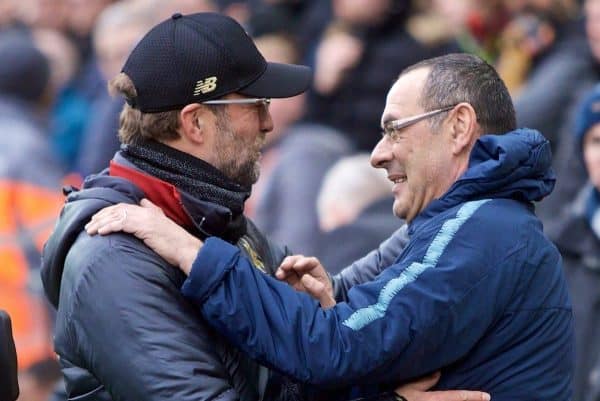 LIVERPOOL, ENGLAND - Sunday, April 14, 2019: Liverpool's manager J¸rgen Klopp (L) embraces Chelsea's manager Maurizio Sarri before the FA Premier League match between Liverpool FC and Chelsea FC at Anfield. (Pic by David Rawcliffe/Propaganda)