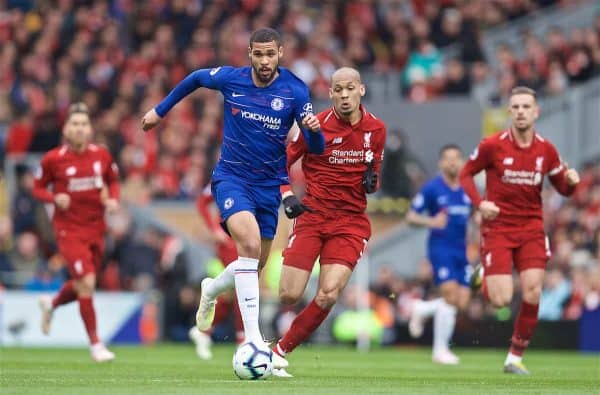 LIVERPOOL, ENGLAND - Sunday, April 14, 2019: Chelsea's Ruben Loftus-Cheek and Liverpool's Fabio Henrique Tavares 'Fabinho' (R) during the FA Premier League match between Liverpool FC and Chelsea FC at Anfield. (Pic by David Rawcliffe/Propaganda)