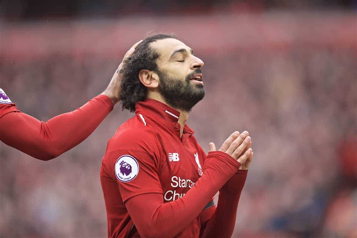 LIVERPOOL, ENGLAND - Sunday, April 14, 2019: Liverpool's Mohamed Salah celebrates scoring the second goal during the FA Premier League match between Liverpool FC and Chelsea FC at Anfield. (Pic by David Rawcliffe/Propaganda)